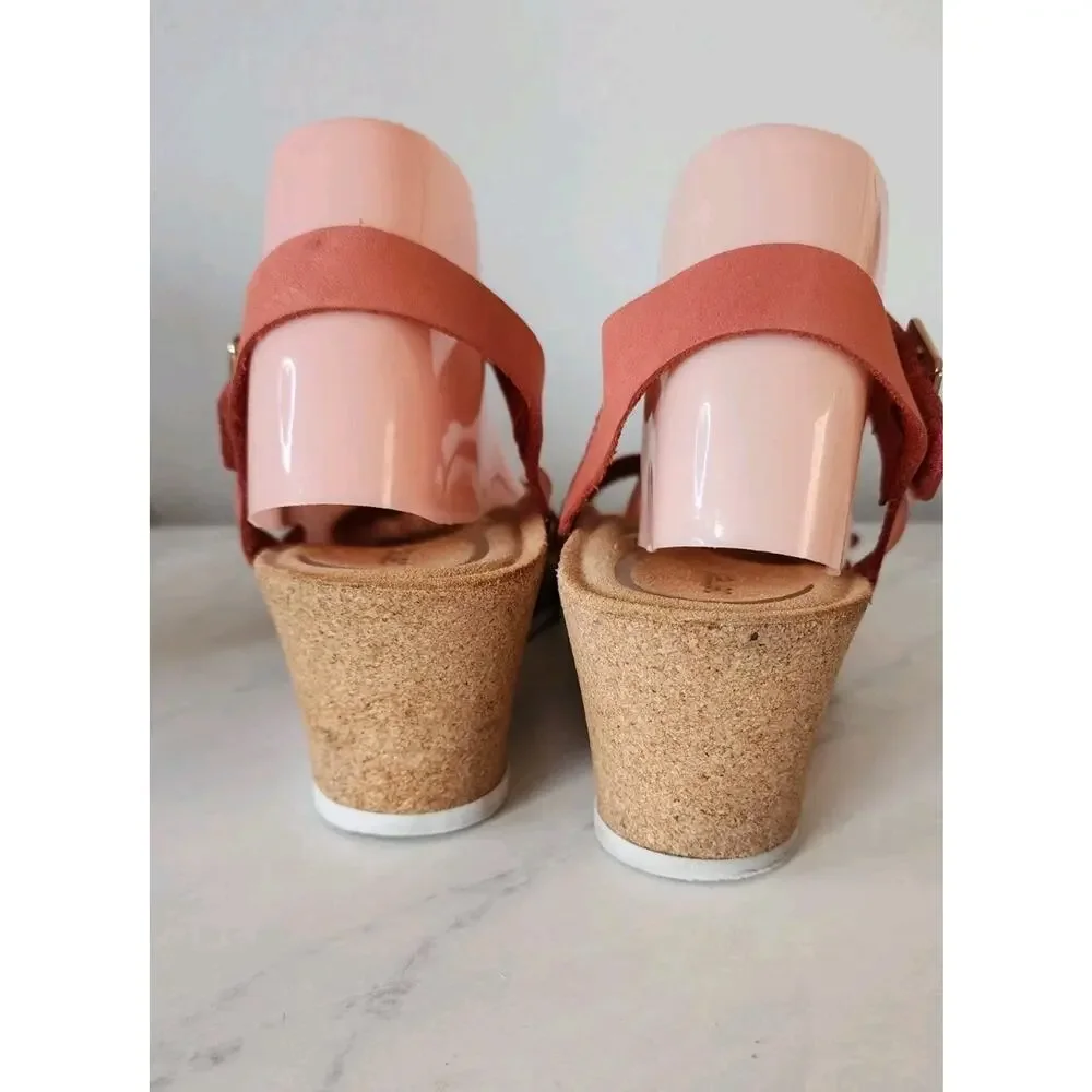 Aetrex Lexa Orthotic Strap Wedge Sandal Coral Leather Sz 9-9.5 Cork Sandal